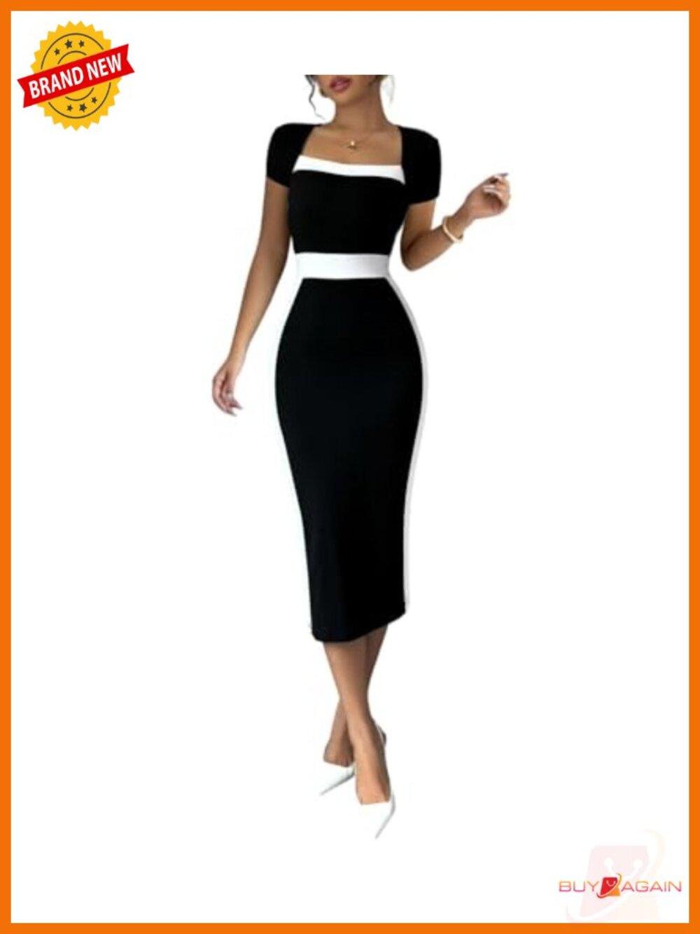 SOLY HUX Women's Pencil Bodycon Midi Dress Short Sleeve Square Neck